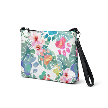 Floral patterned pouch with a black wrist strap on a white background