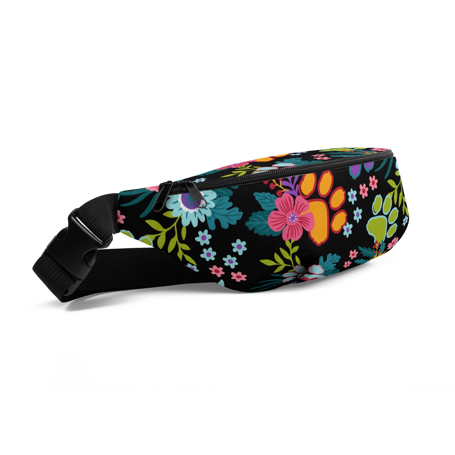 Floral Paw print pattern with a black background on a fanny pack with a black strap. Front side view. 