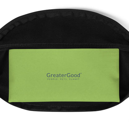 Inside lime green label that reads GreaterGood: People, Pets, Planet