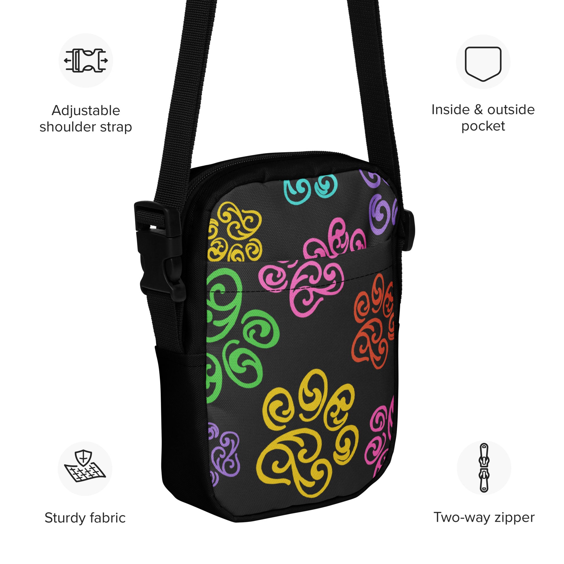 Black crossbody bag with colorful patterns and features listed on a white background