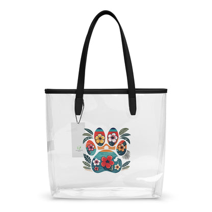 Hawaiian paw print design on a clear tote bag with black handles with a white background.