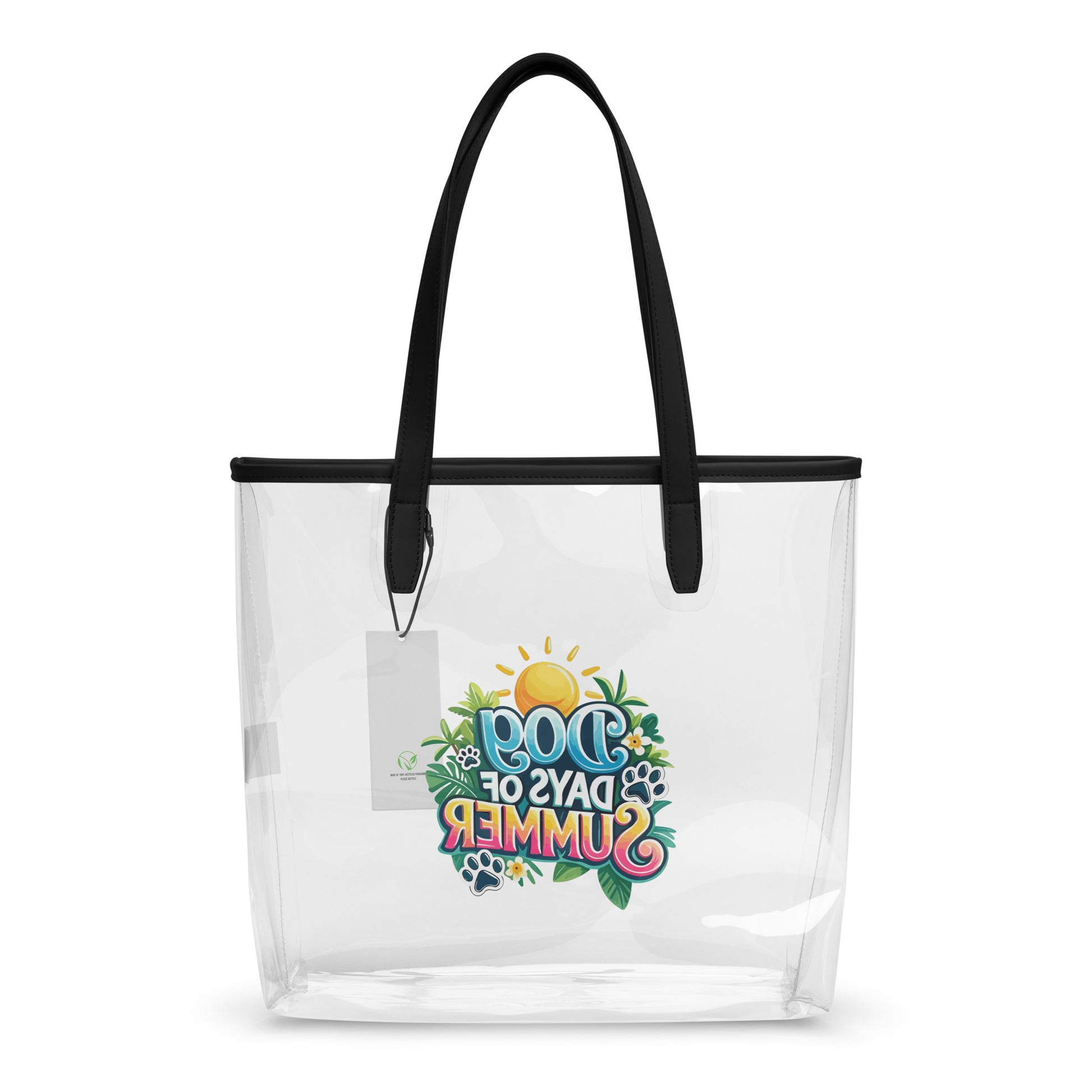 Back view of Clear tote bag with black handles featuring a colorful 'Summertime' design on a white background.