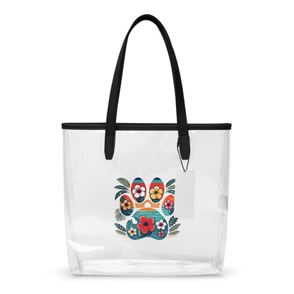 Hawaiian paw print design on a clear tote bag with black handles with a white background.