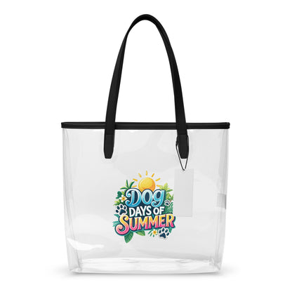 Clear tote bag with black handles featuring 'Dog Days of Summer' design on a white background