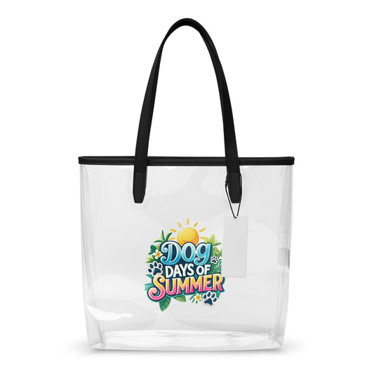 Clear tote bag with black handles featuring 'Dog Days of Summer' design on a white background