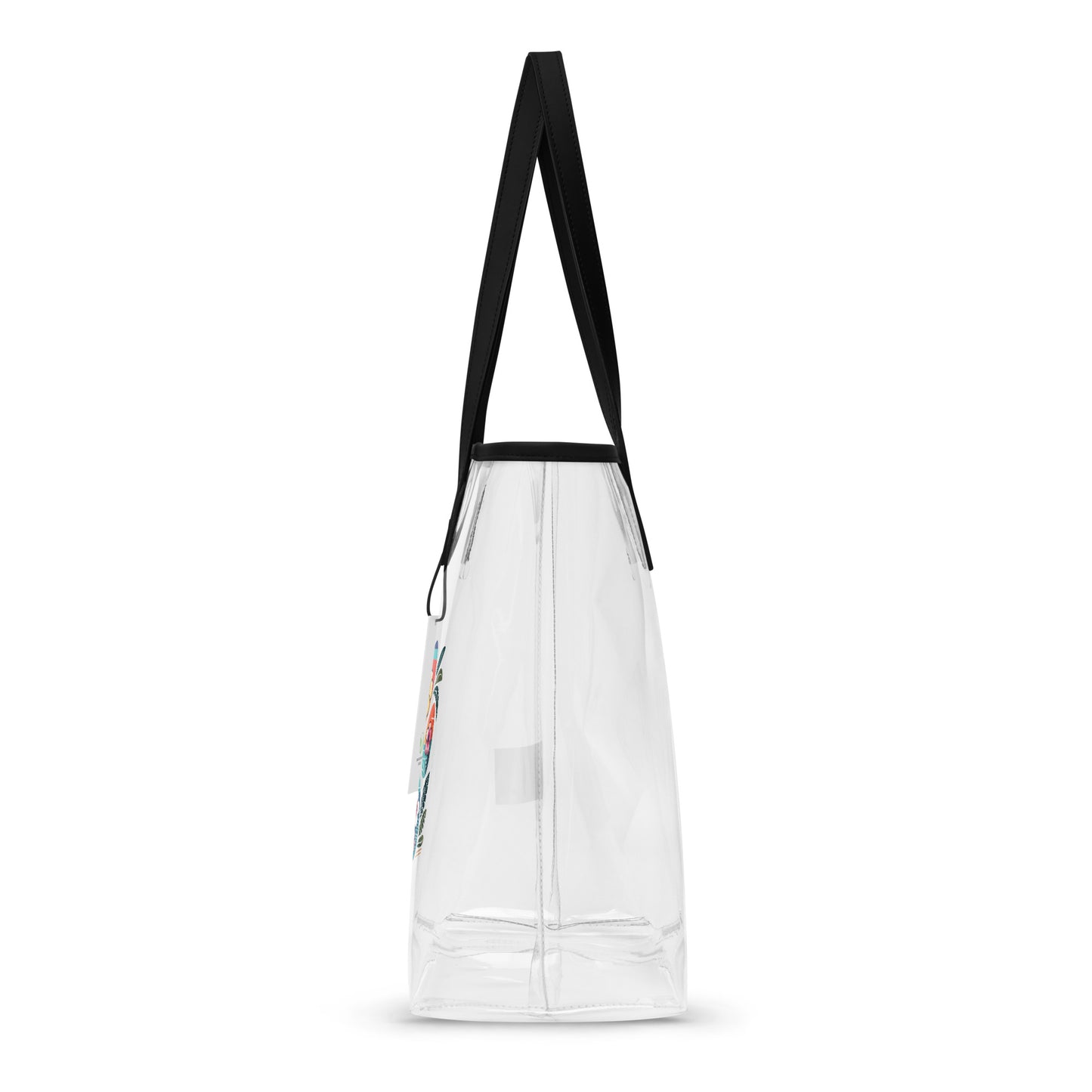 Side left view of a Hawaiian paw print design on a clear tote bag with black handles with a white background.