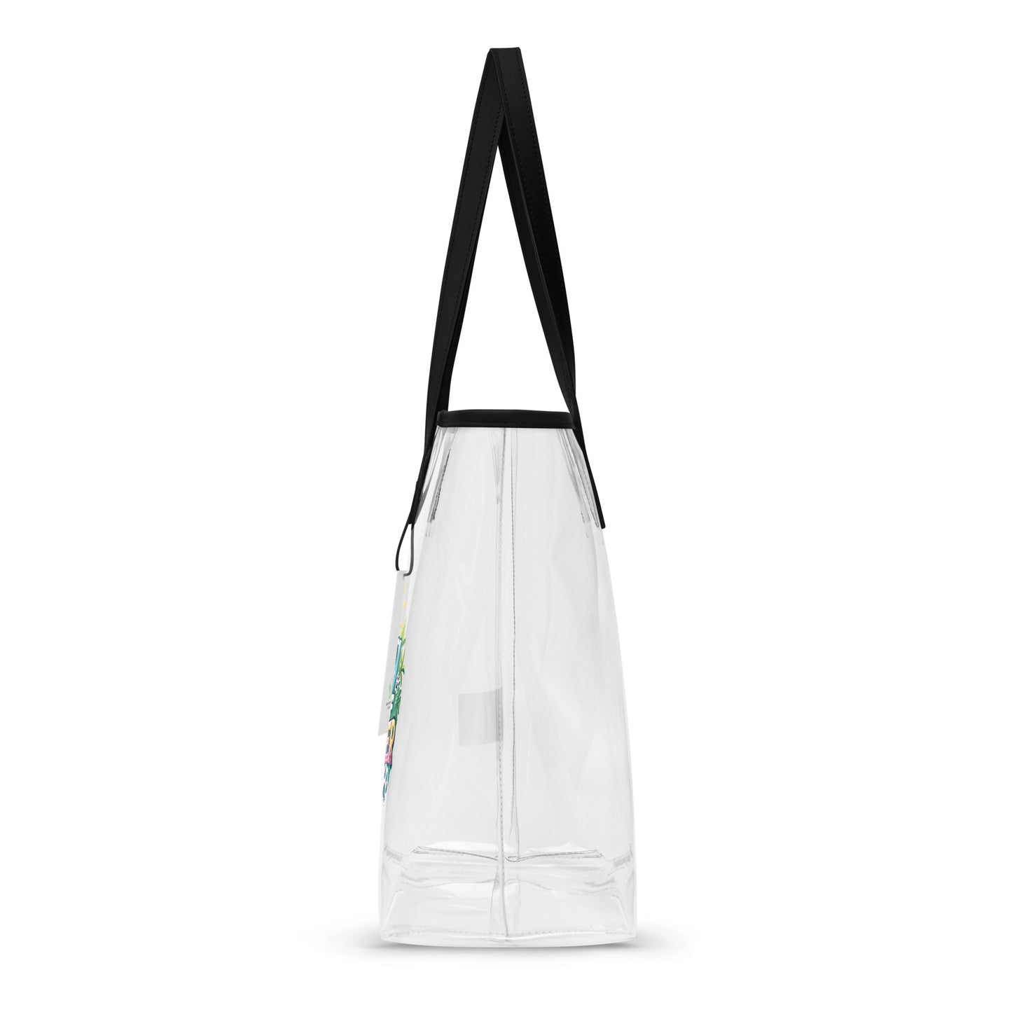 Clear tote bag with black straps on a white background - side view