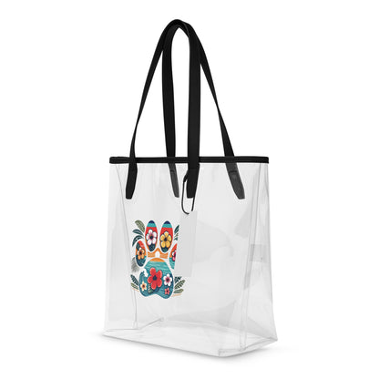Angled clear tote bag with black handles with a white background.
