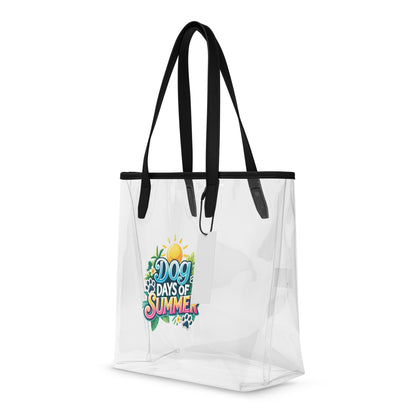 Clear tote bag with black handles featuring a colorful design on a white background
