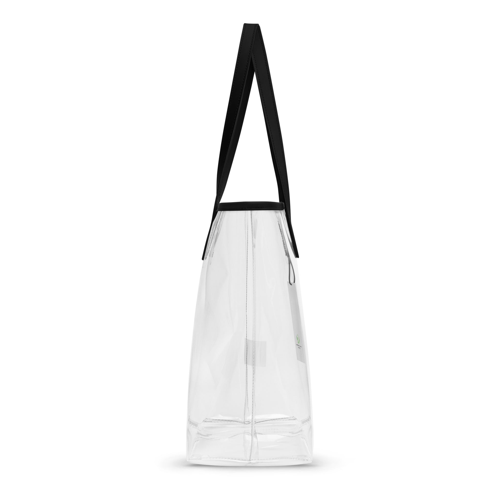 Side view of a Clear tote bag with black straps on a white background