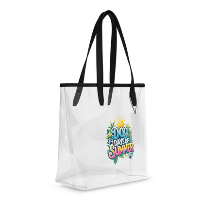 Clear tote bag with black handles and 'Dog Days of Summer' design on a white background