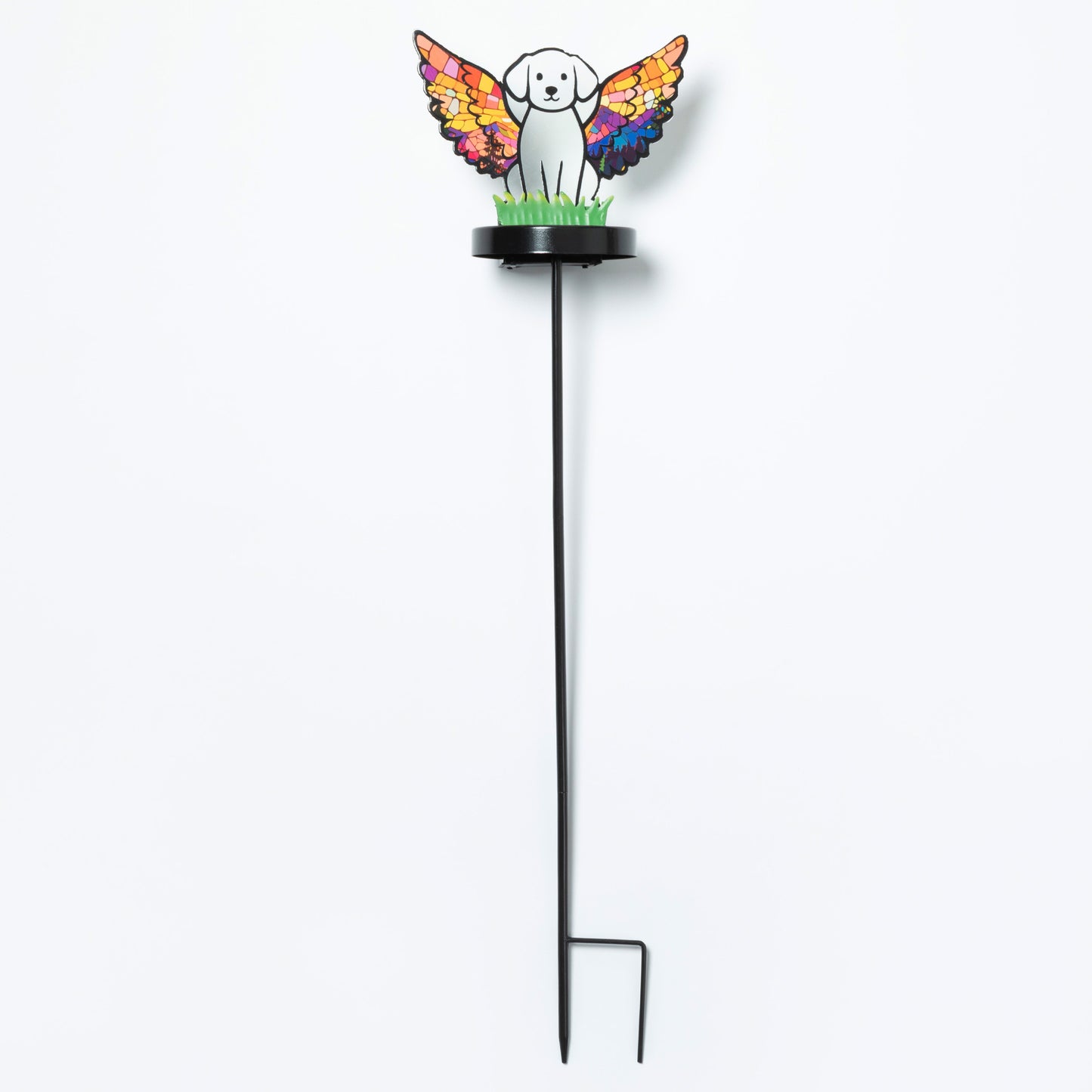 Dog silhouette with mosaic angel wings on a garden stake, against a white background.