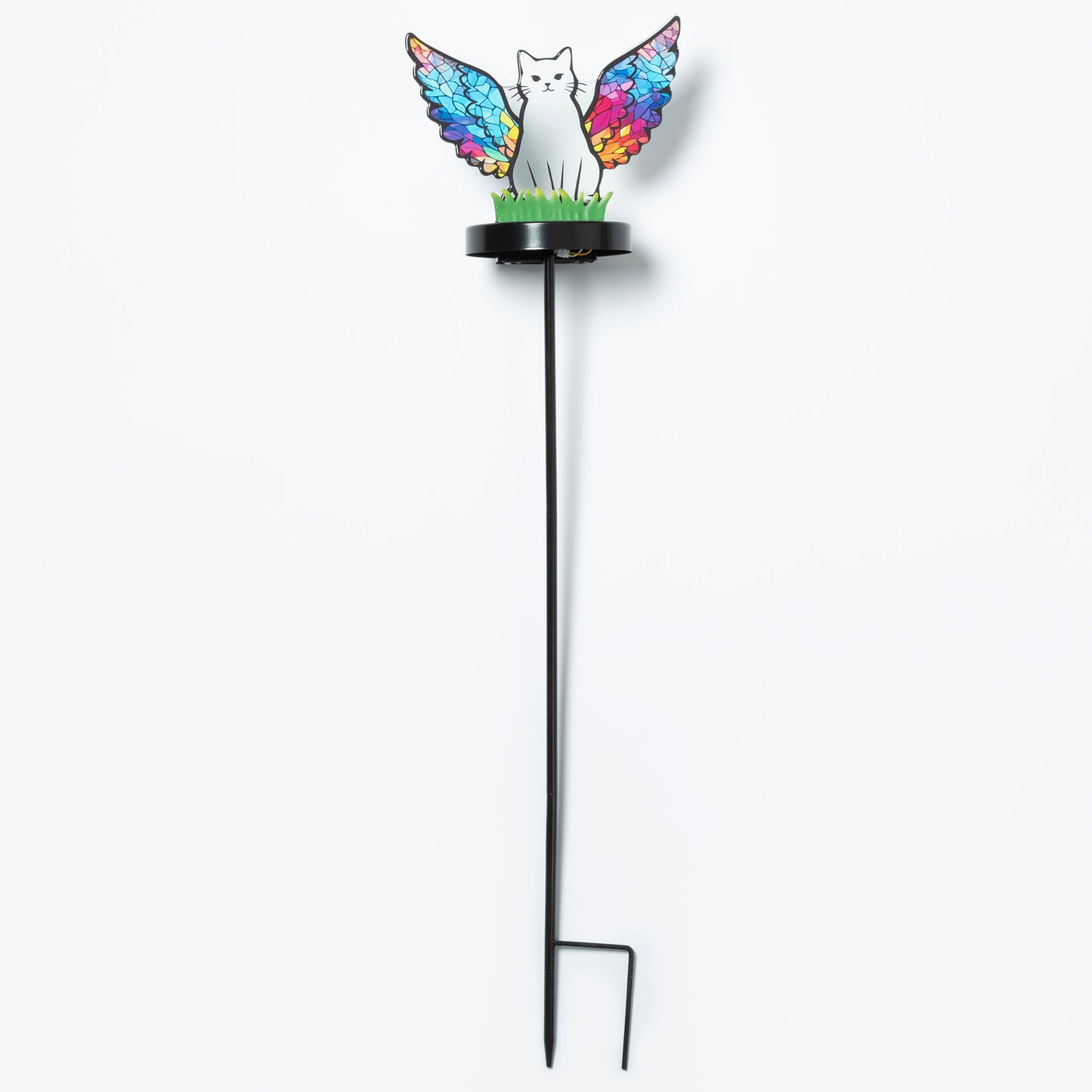 Cat silhouette with mosaic angel wings on a garden stake, against a white background.