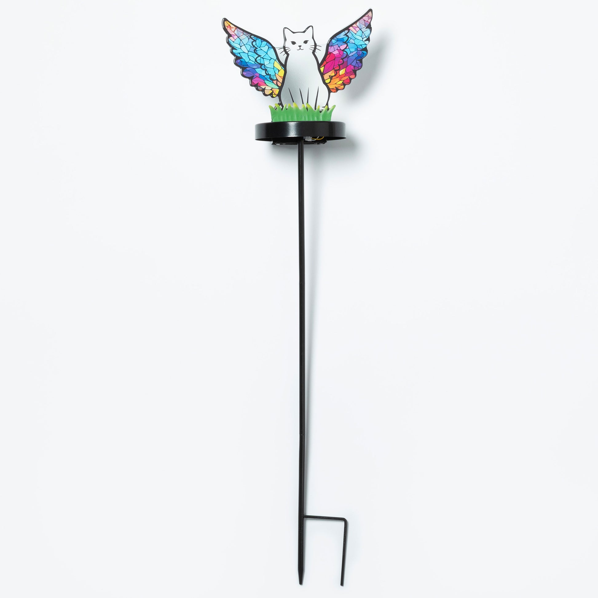 Cat silhouette with mosaic angel wings on a garden stake, against a white background.