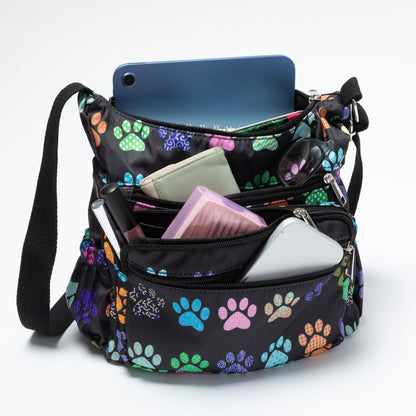 Paw Print Nylon Crossbody Purse | Adjustable Strap with Zip Pockets