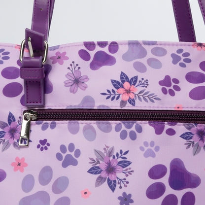 Purple tote with floral and paw print pattern