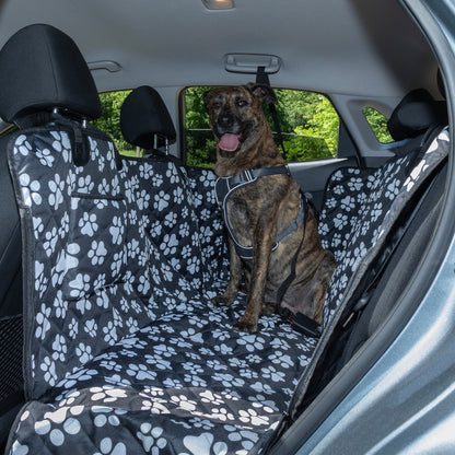 Dog sitting on a car seat cover with paw prints in a vehicle