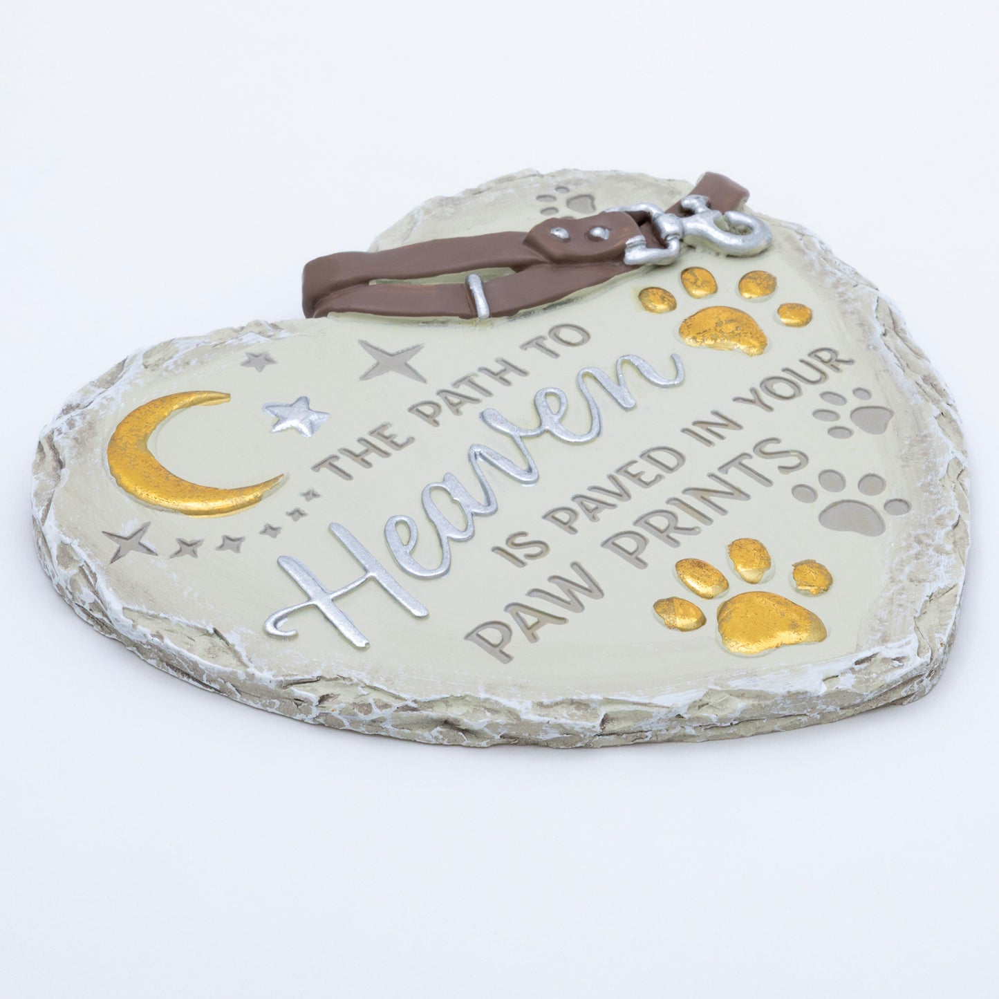 Heart-shaped pet memorial with paw prints and text on a white background