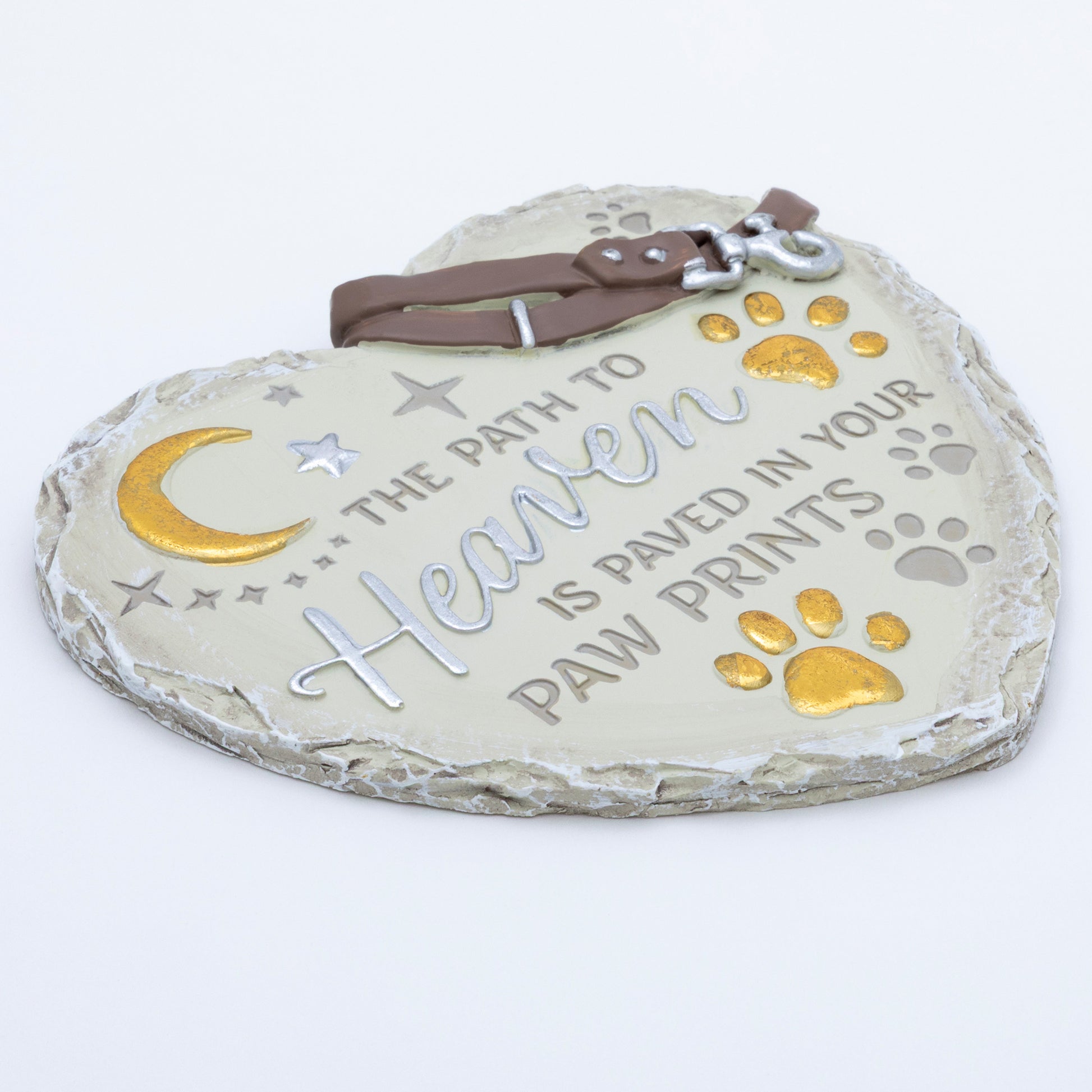 Heart-shaped pet memorial with paw prints and text on a white background