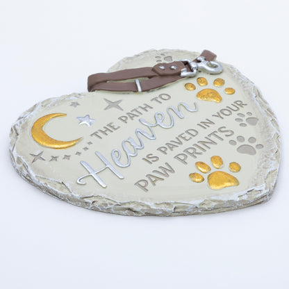 Heart-shaped pet memorial with paw prints and text on a white background