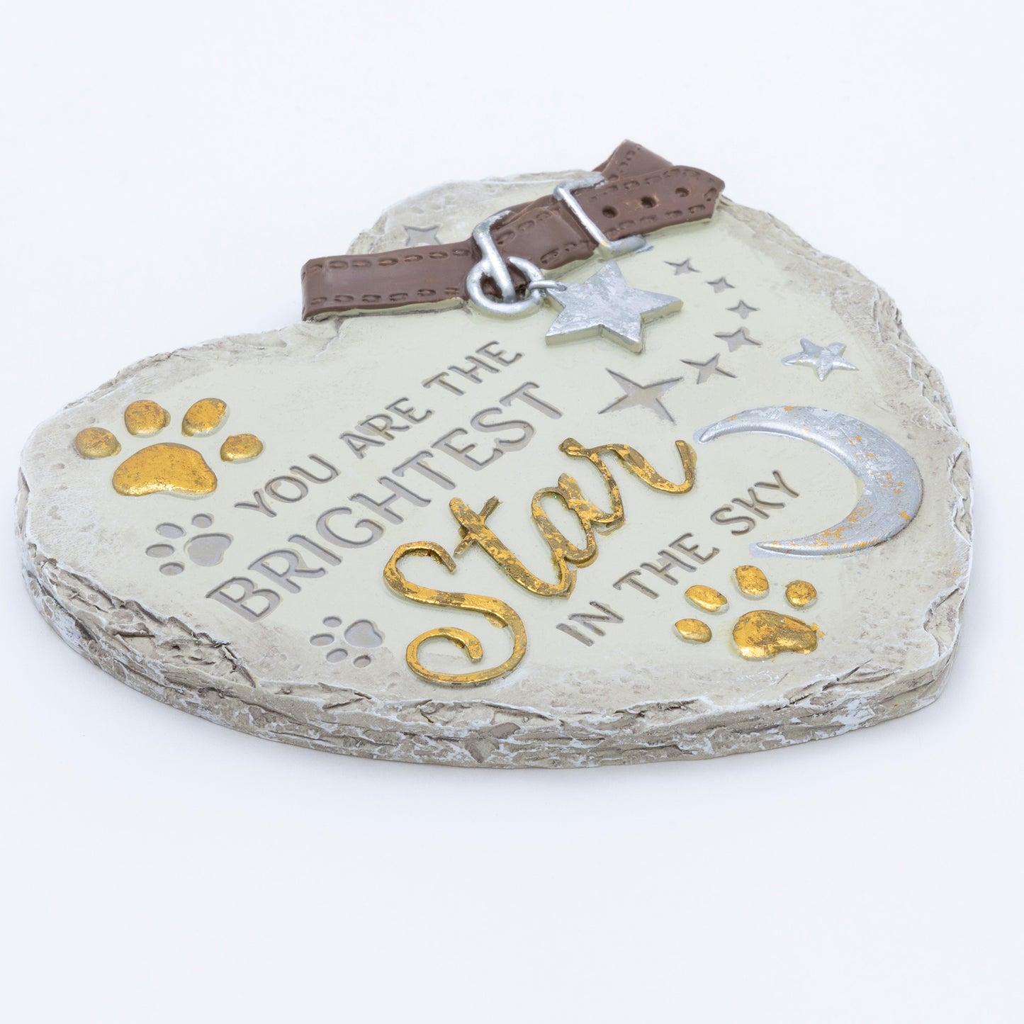 Heart-shaped pet memorial with 'You are the brightest star in the sky' text and paw prints on a white background.