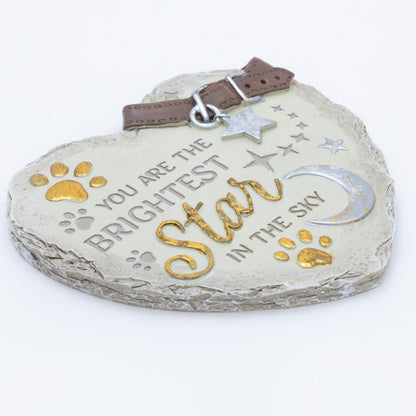 Heart-shaped pet memorial with 'You are the brightest star in the sky' text and paw prints on a white background.