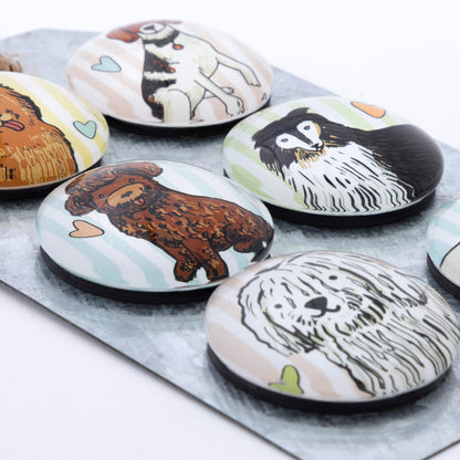 A set of 6 dog dome magnets on a metal gift tag, against a white background.