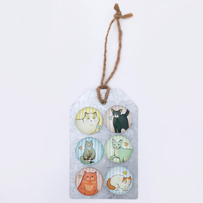 A set of 6 cat dome magnets on a metal gift tag, against a white background.