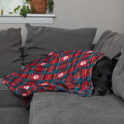 A black dog rests on a gray couch under a red plaid blanket with white paw prints and blue accents.