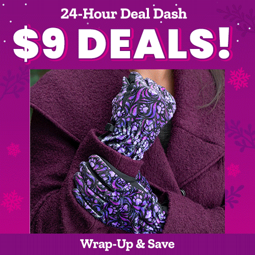 $9 Deals 24-Hour Deal Dash donation from The Animal Rescue Site and GreaterGood, highlighting cozy purple patterned gloves, encouraging quick support through limited-time charitable shopping.