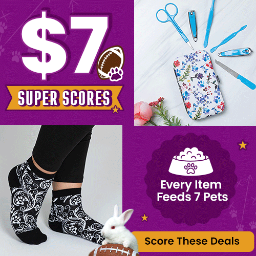 $7 Super Scores donation from The Animal Rescue Site and GreaterGood, featuring paw-print socks, blue grooming tools, and floral pouch, supporting pets in need through everyday purchases.