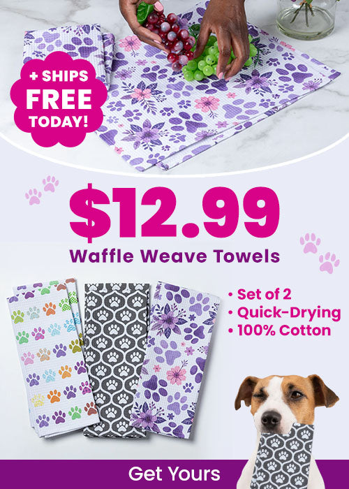 $12.99 Waffle Weave Towels donation from The Animal Rescue Site and GreaterGood, featuring paw-print cotton kitchen towels, set of two, quick-drying designs supporting compassionate giving.