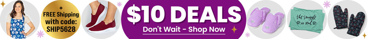 $10 Deals promotion by The Animal Rescue Site and GreaterGood; proceeds help support shelter pets and more. Burgundy slip-on shoes, purple paw-print socks, lavender plush slippers, and patterned oven mitts featured.