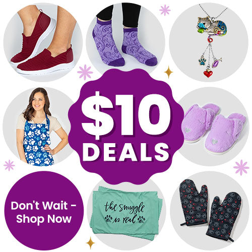 $10 Deals promotion by The Animal Rescue Site and GreaterGood; proceeds help support shelter pets and more. Burgundy slip-on shoes, purple paw-print socks, lavender plush slippers, and patterned oven mitts featured.