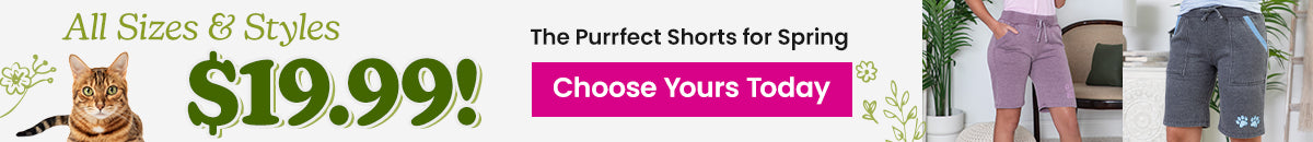 The Purrfect Shorts for Spring promotion from The Animal Rescue Site and GreaterGood; proceeds help support shelter pets and more, featuring mauve drawstring lounge shorts and gray paw print pocket shorts.