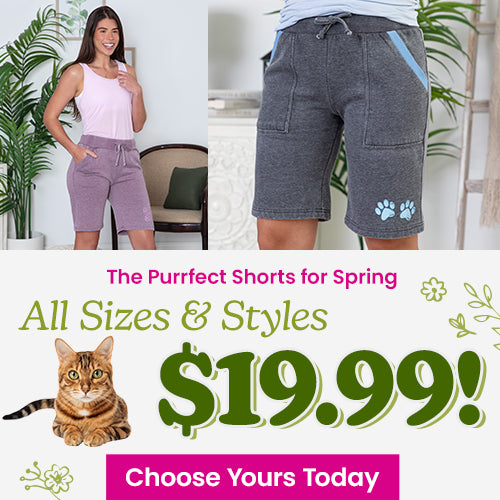 The Purrfect Shorts for Spring promotion from The Animal Rescue Site and GreaterGood; proceeds help support shelter pets and more, featuring mauve drawstring lounge shorts and gray paw print pocket shorts.