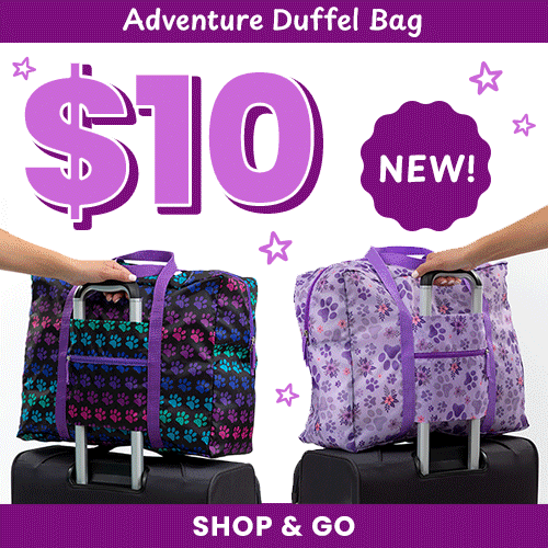 Adventure Duffel Bag $10 promotion from The Animal Rescue Site and GreaterGood; proceeds help support shelter pets and more, featuring black multicolor paw-print duffel and purple floral paw-pattern travel bag.