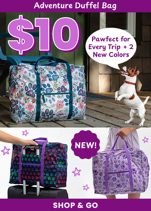 Adventure Duffel Bag $10 promotion from The Animal Rescue Site and GreaterGood; proceeds help support shelter pets and more, featuring black multicolor paw-print duffel and purple floral paw-pattern travel bag.