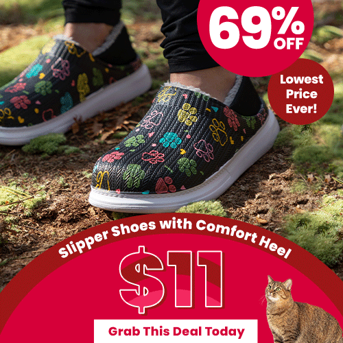 Slipper Shoes with Comfort Heel promotion from The Animal Rescue Site and GreaterGood. Proceeds help support shelter pets and more. Black slip-on slippers with colorful paw-print pattern and cushioned comfort soles.