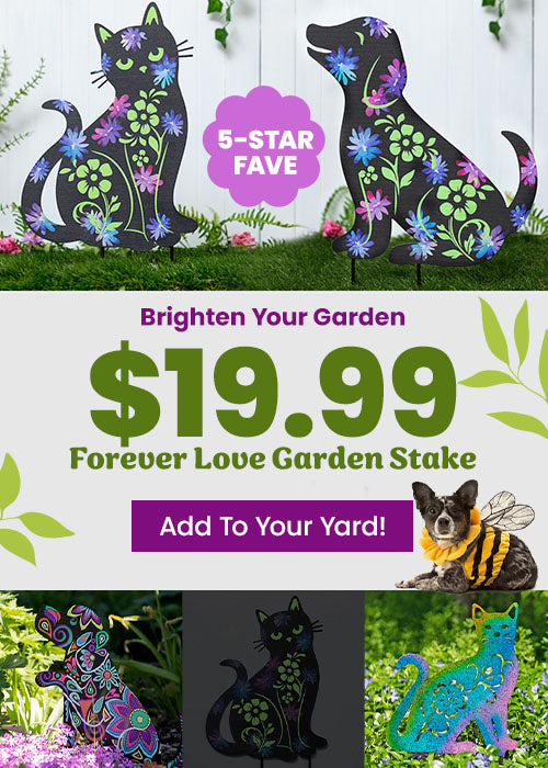 Forever Love Garden Stake promotion from The Animal Rescue Site and GreaterGood. Proceeds help support shelter pets and more. Black metal cat garden stakes with colorful floral patterns and decorative outdoor yard art.