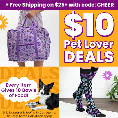 $10 Pet Lover Deals promotion from The Animal Rescue Site and GreaterGood. Proceeds help support shelter pets and more. Purple paw print duffel bag, black floral paw socks, pet-themed accessories.