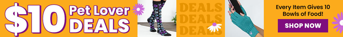 $10 Pet Lover Deals promotion from The Animal Rescue Site and GreaterGood. Proceeds help support shelter pets and more. Purple paw print duffel bag, black floral paw socks, pet-themed accessories.
