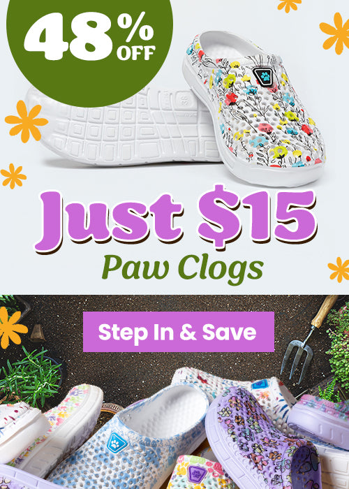 Just $15 Paw Clogs promotion from The Animal Rescue Site and GreaterGood. Proceeds help support shelter pets and more. White slip-on clogs, colorful floral paw print pattern, lightweight garden shoes.