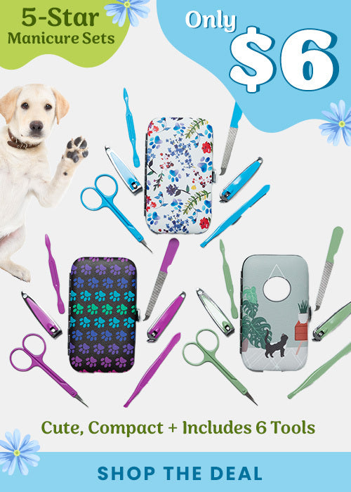 $6 5-Star Manicure Sets promotion from The Animal Rescue Site and GreaterGood. Proceeds help support shelter pets and more. Purple grooming tools, paw print case, nail clippers, scissors, compact kit.