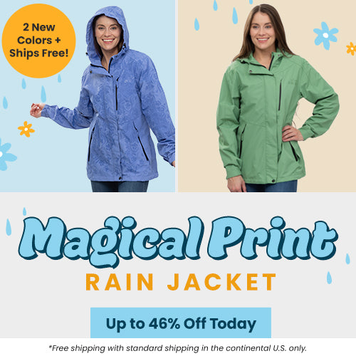 Magical Print Rain Jacket promotion from The Animal Rescue Site and GreaterGood. Proceeds help support shelter pets and more. Blue rain jacket, green waterproof jacket, lightweight hooded outerwear.