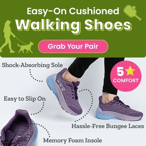 Easy-On Cushioned Walking Shoes promotion from The Animal Rescue Site and GreaterGood. Proceeds help support shelter pets and more. Purple knit sneakers, slip-on style, bungee laces, cushioned sole.