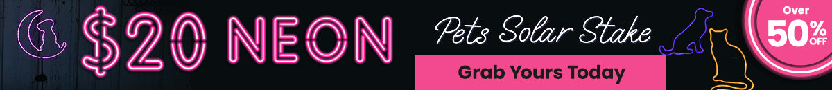 $20 Neon Pets Solar Stake promotion from The Animal Rescue Site and GreaterGood. Proceeds help support shelter pets and more. Neon dog outline stake, glowing cat silhouette, illuminated paw print solar garden décor.