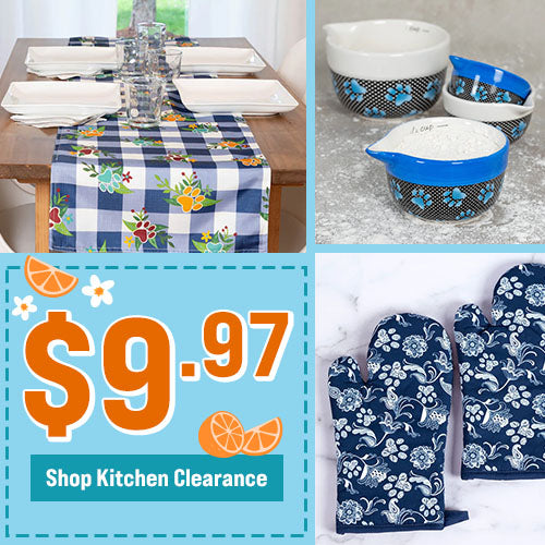 $9.97 Kitchen Clearance promotion from The Animal Rescue Site and GreaterGood. Proceeds help support shelter pets and more. Blue plaid floral table runner, paw-print mixing bowls, navy patterned oven mitts.
