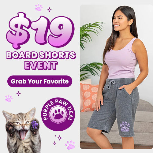 $19 Board Shorts Event promotion from The Animal Rescue Site and GreaterGood. Proceeds help support shelter pets and more. Gray paw-print board shorts, casual drawstring shorts, lightweight summer apparel for everyday comfort.