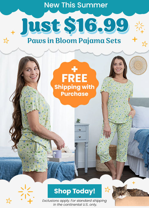$16.99 Paws in Bloom Pajama Sets promotion by The Animal Rescue Site and GreaterGood, featuring free shipping. Proceeds help support shelter pets through comfortable, light green, floral-patterned loungewear.